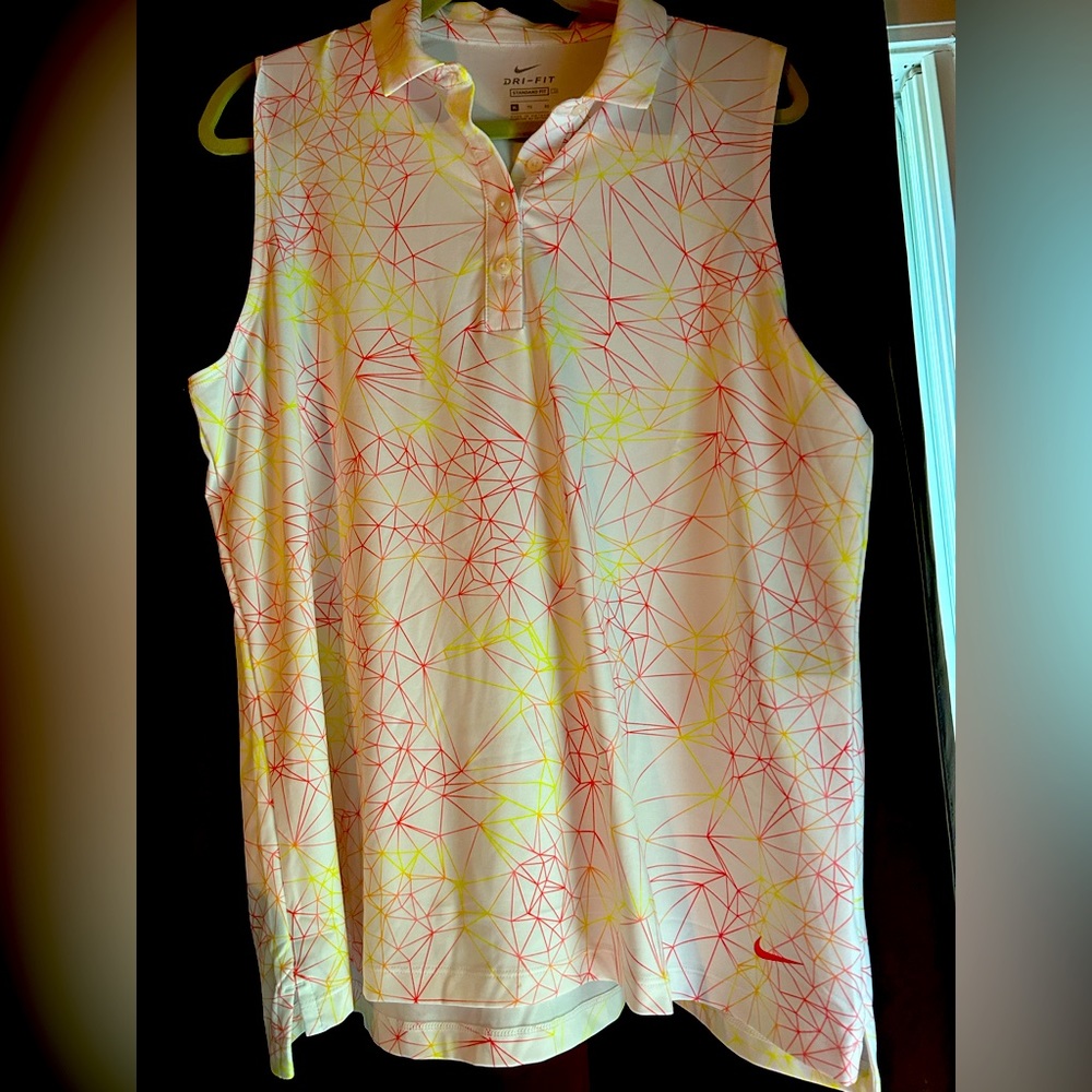 Nike XL dri-fit red, yellow orange geometric pattern golf shirt.